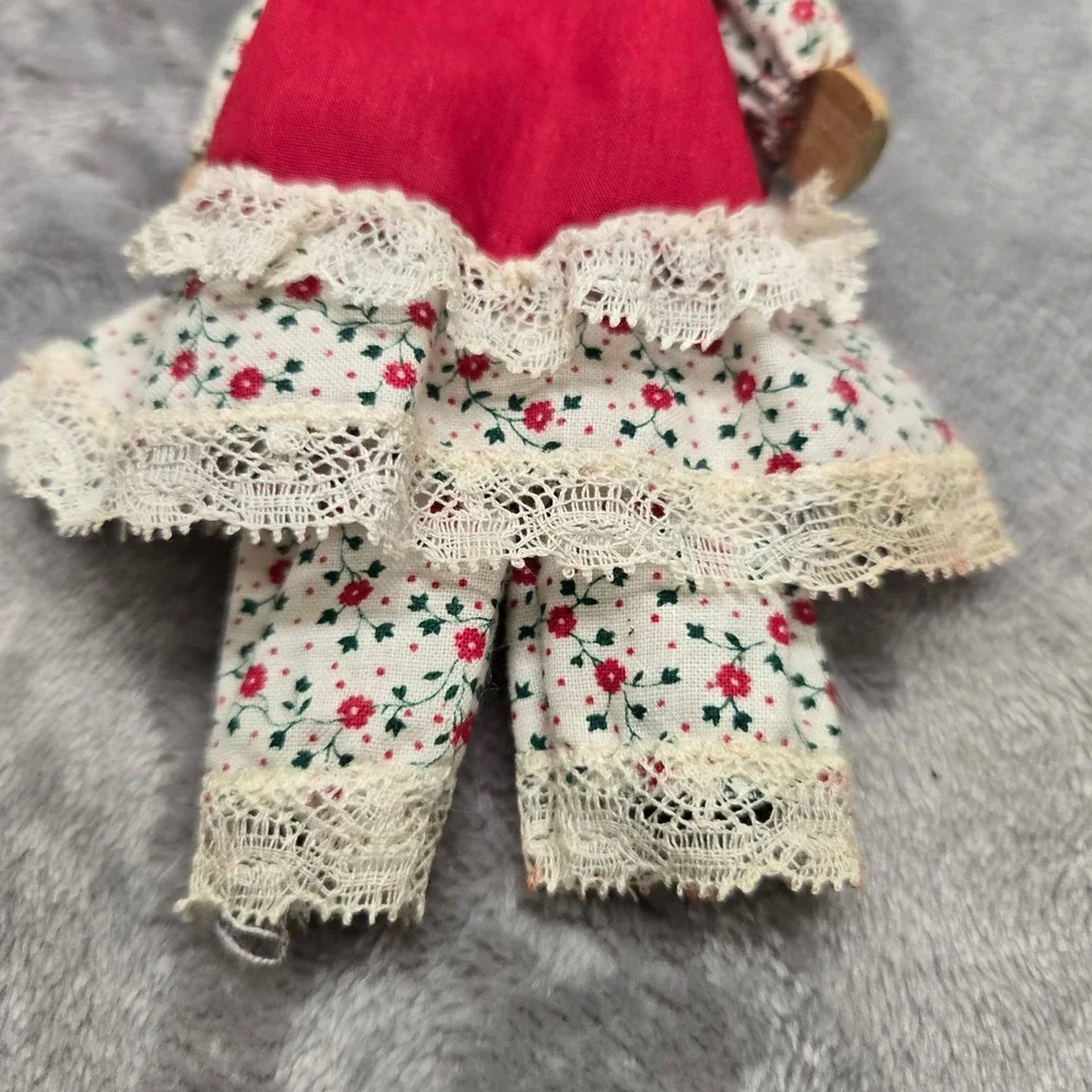 Vintage Handmade Wooden Head Doll Floral Prairie Dress Lace Trim Folk Art‎ 7.5